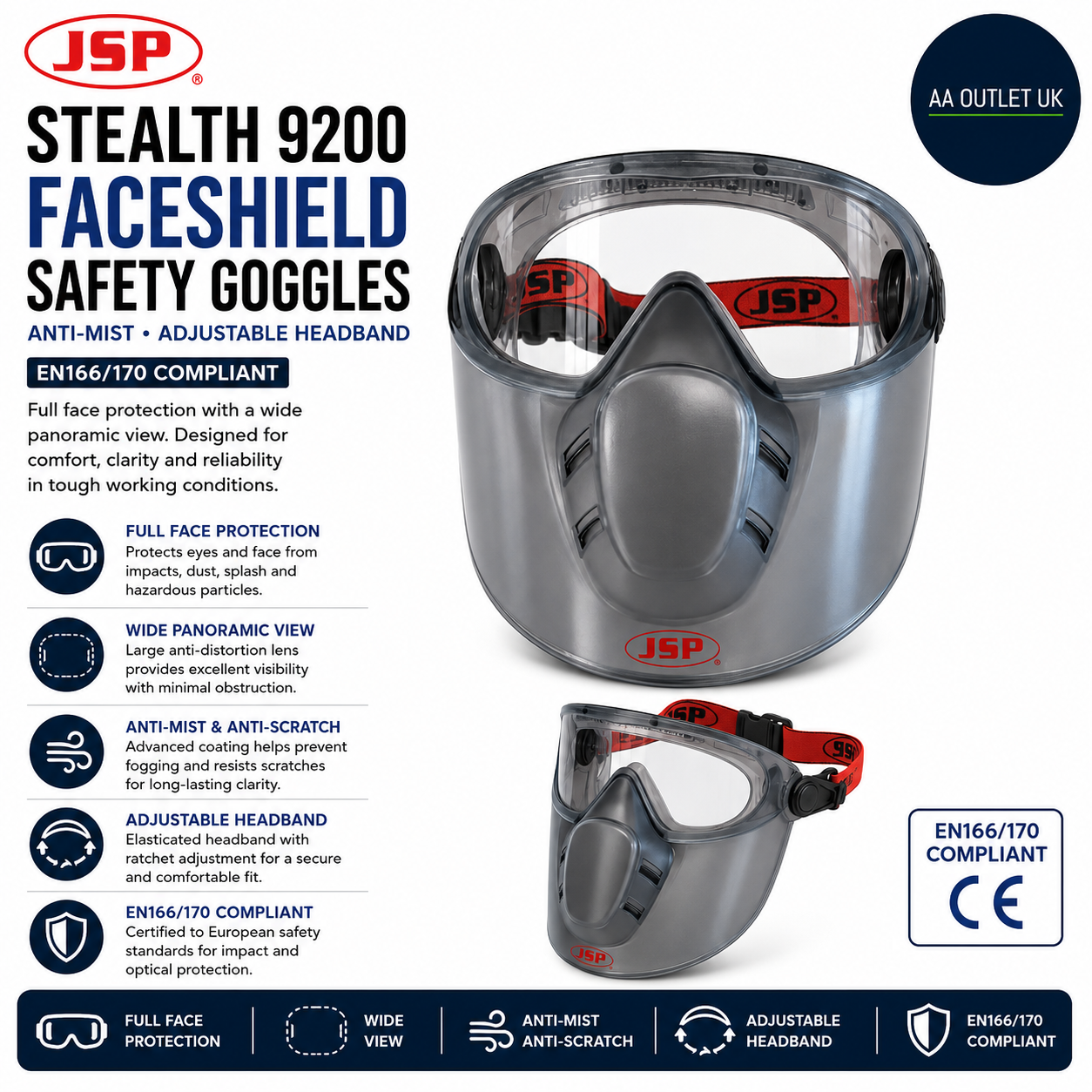 JSP Stealth 9200 Faceshield Safety Goggles Anti Mist Adjustable Headband EN166/1