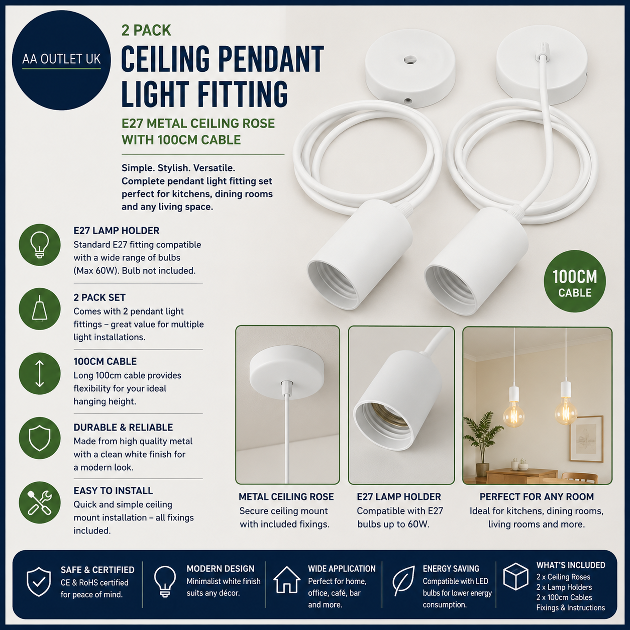 2 Pack Ceiling Pendant Light Fitting White E27 Metal Ceiling Rose Pendant Lamp