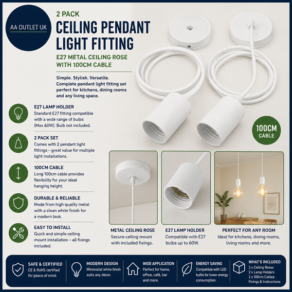 2 Pack Ceiling Pendant Light Fitting White E27 Metal Ceiling Rose Pendant Lamp