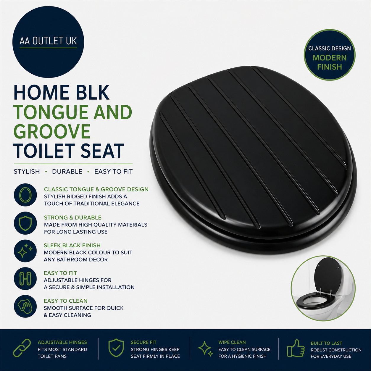 Argos Home Tongue Groove Toilet Seat Antibacterial Black 45x37.3x5.3cm