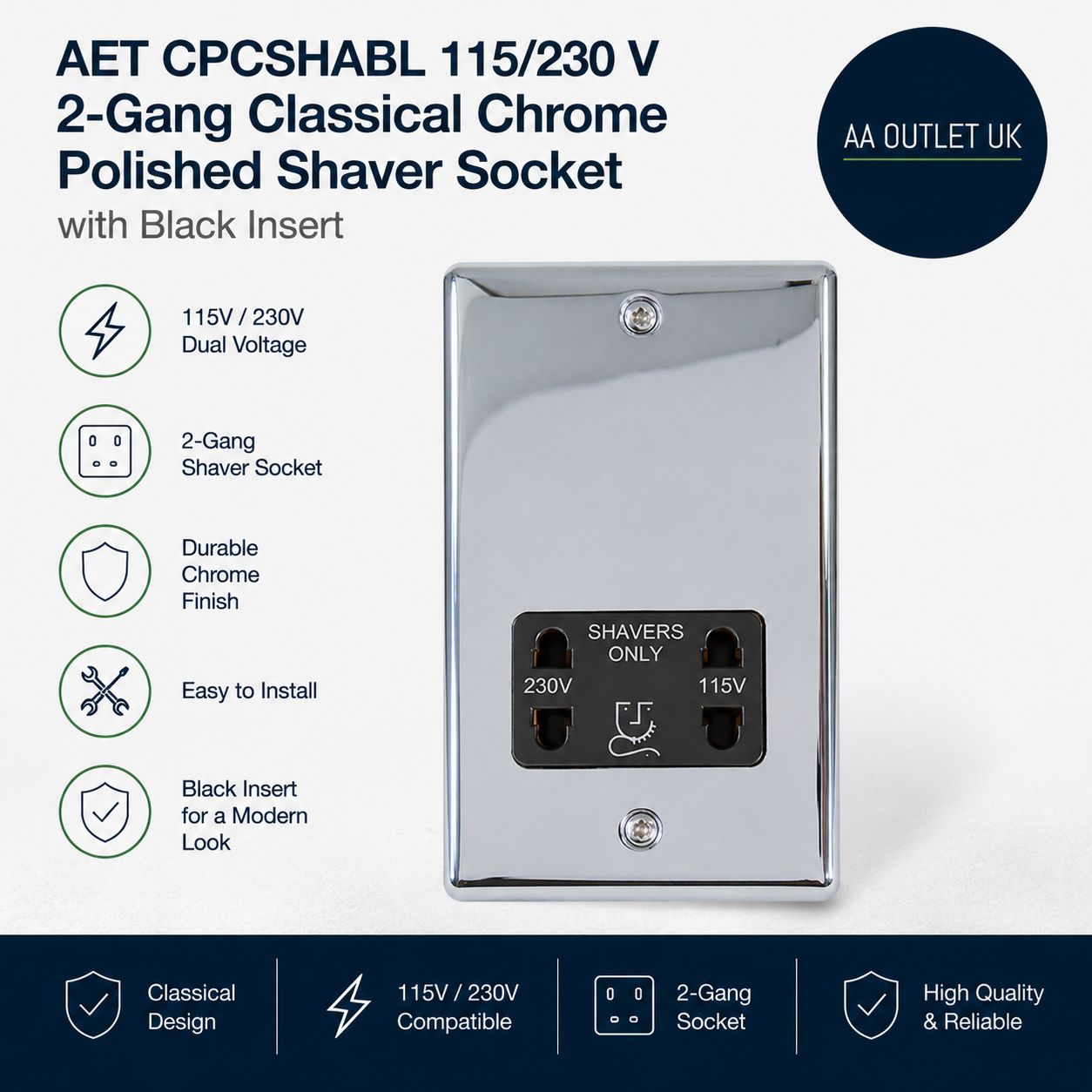 Aet CPCSHABL 115 230 V 2 Gang Classical Chrome Polished Shaver Socket Black