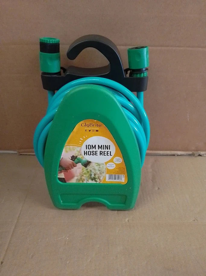 GloBrite Mini Hose Reel With 10m 32ft Garden Pipe Spray Gun Adjustable Nozzle