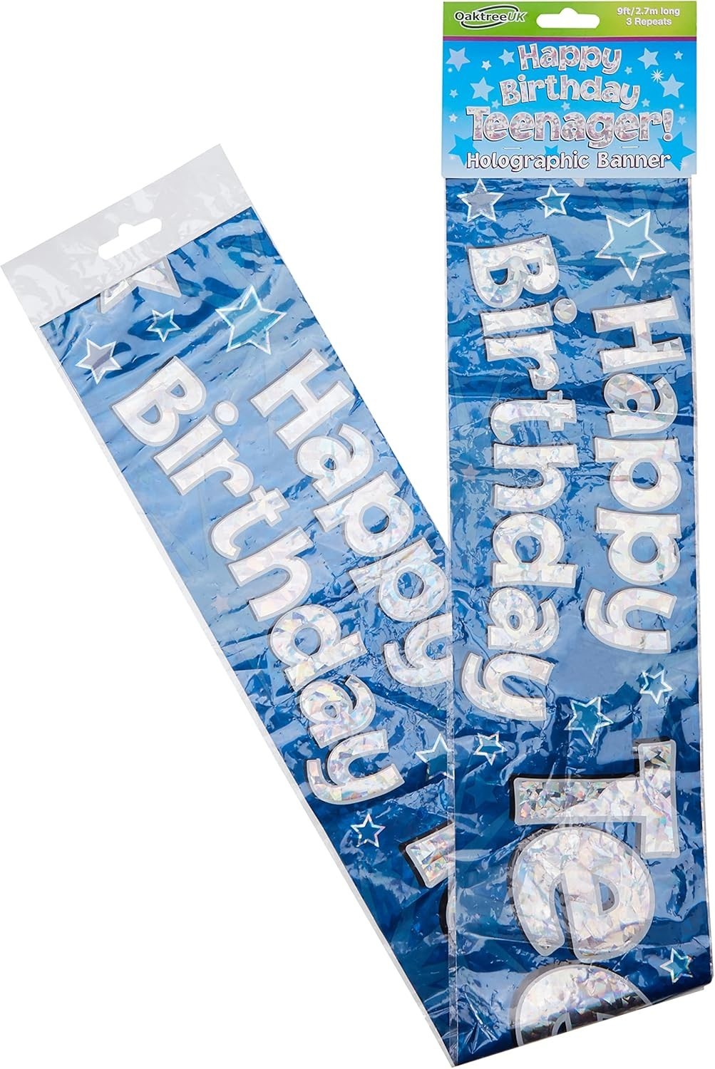 9ft Banner Happy Birthday Teenager Blue Foil Holographic 2.7X13Cm New