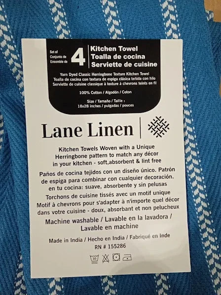 Lane Linen Kitchen Towels Pack 4 Cotton Drying Dishes Blue Saphire 18x28in New