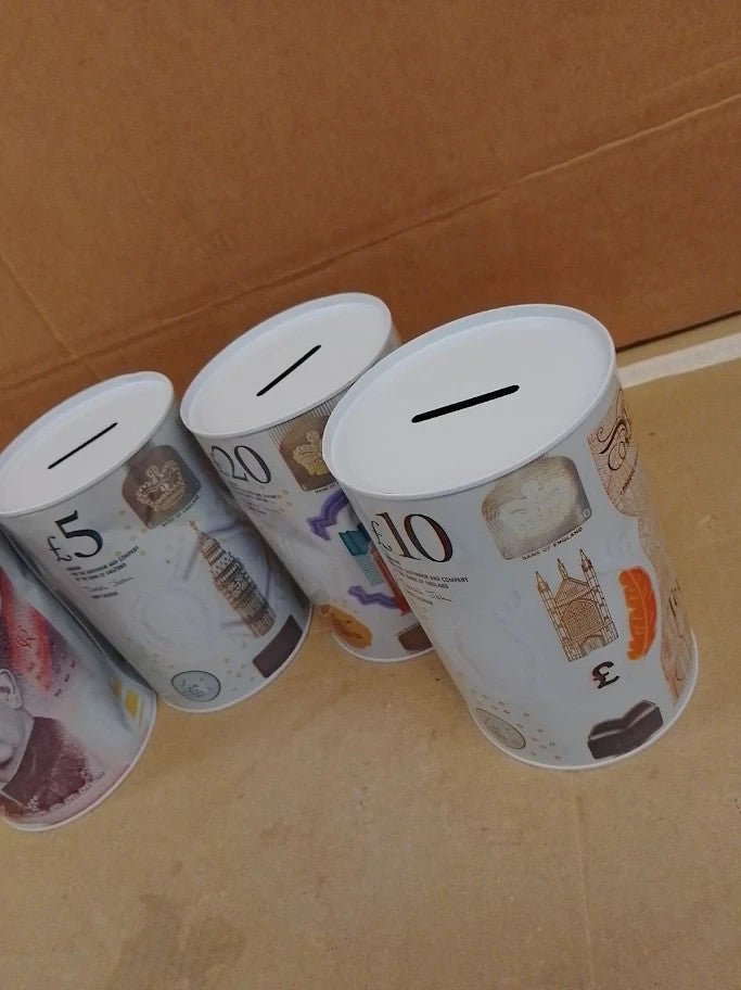 Sapra Money Tins 4 Pack Money Boxes Tinplate Multi Colour Notes Design