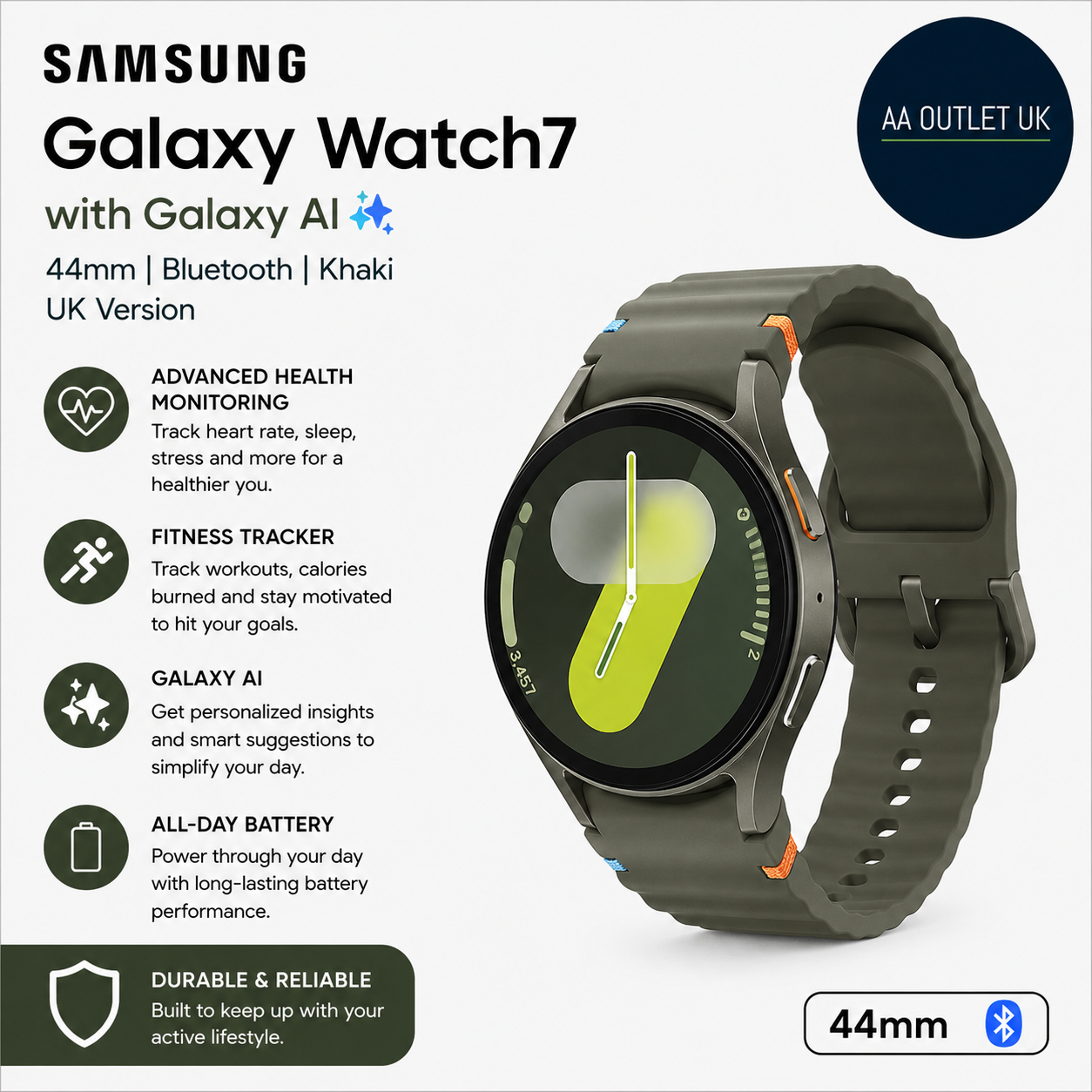 Samsung Galaxy Watch7 Khaki Galaxy AI Smart Health Fitness Monitoring 44mm