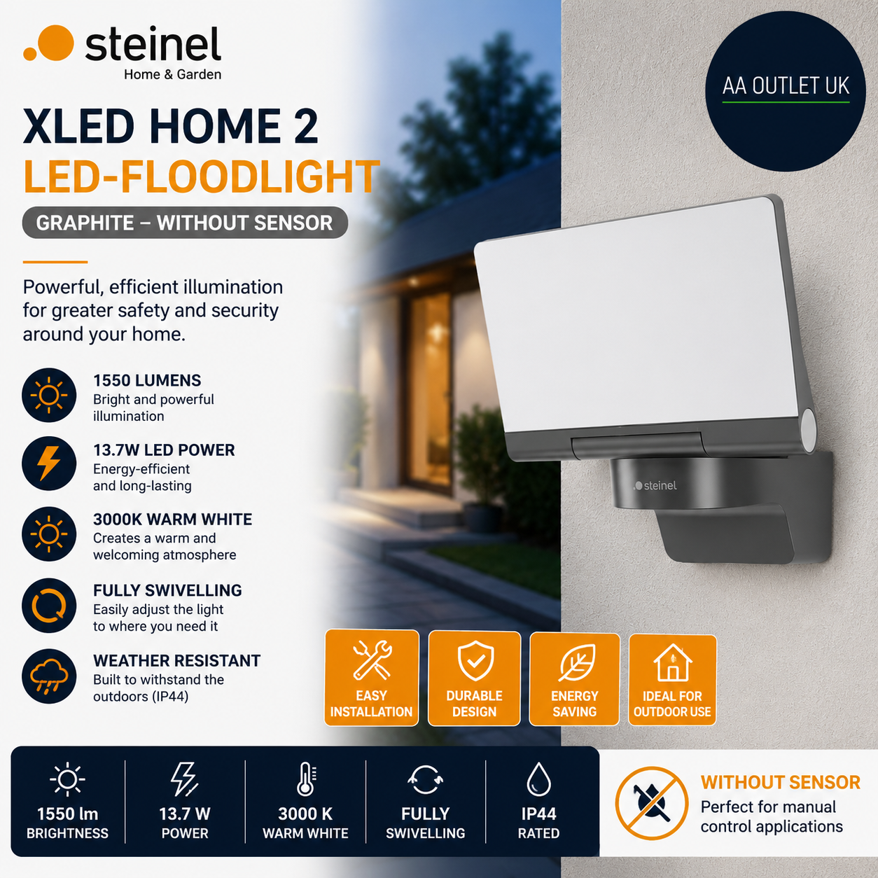 Steinel LED Security Floodlight Xled Home 2 Graphite Sensor 13.7W 1550lm 3000K