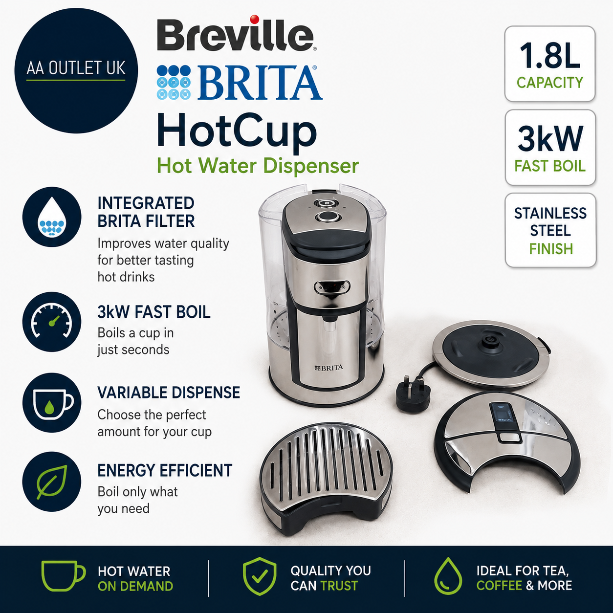 Breville Brita Hot Cup Water Dispenser Integrated Water Filter 1.8L 3kW