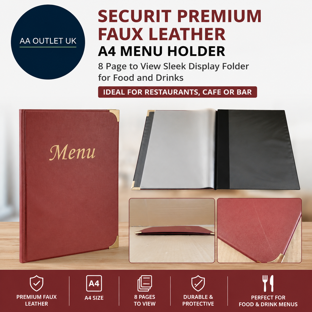 Securit Premium Faux Leather A4 Menu Holder 8 Page To View Sleek Display Folder