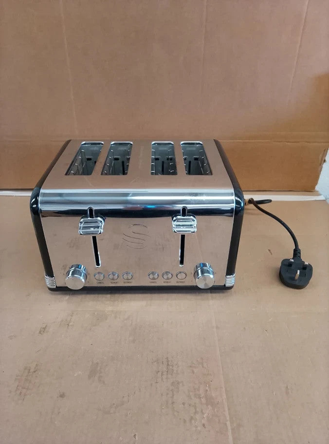 Swan 4 Slice Retro Toaster Black Stainless Steel 24x29x17.8cm Defrost Reheat