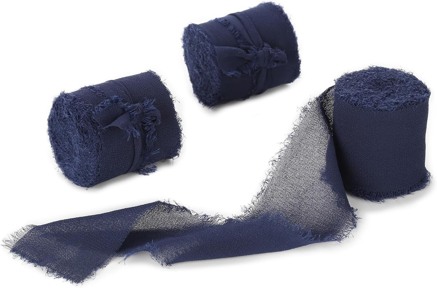 Navy Blue Chiffon Ribbon 3 Rolls 1.5"x5 Yards Navy Handmade Fringe Silk New