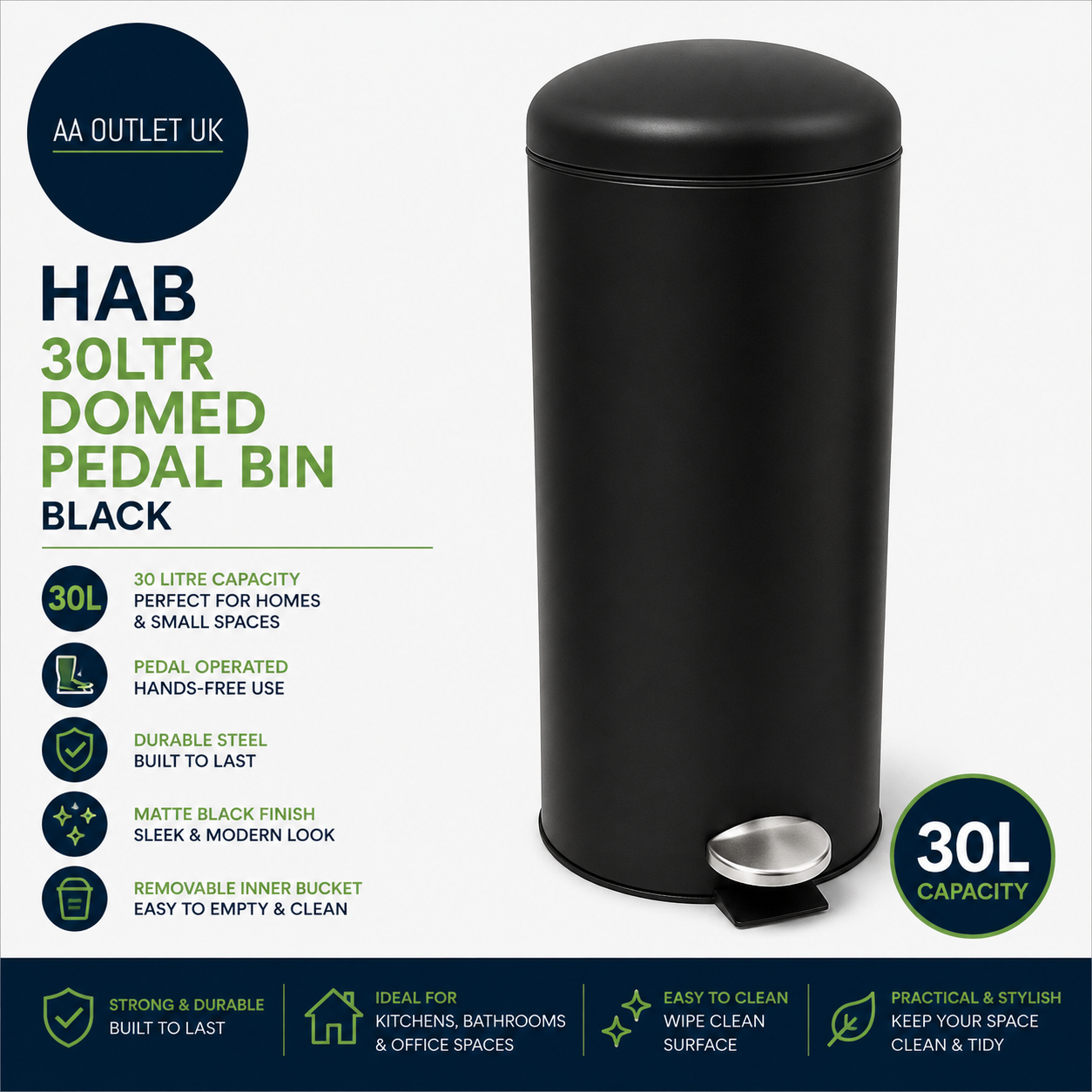Habitat 30Litre Domed Pedal Bin Made From Steel Inner Bin Black 67x29x29