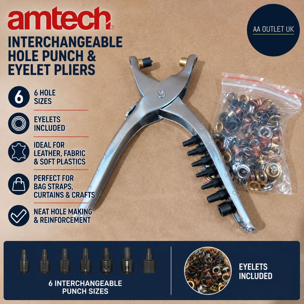 Amtech Interchangeable Punch Eyelet Pliers 6 Hole Sizes Eyelets Straps Crafts