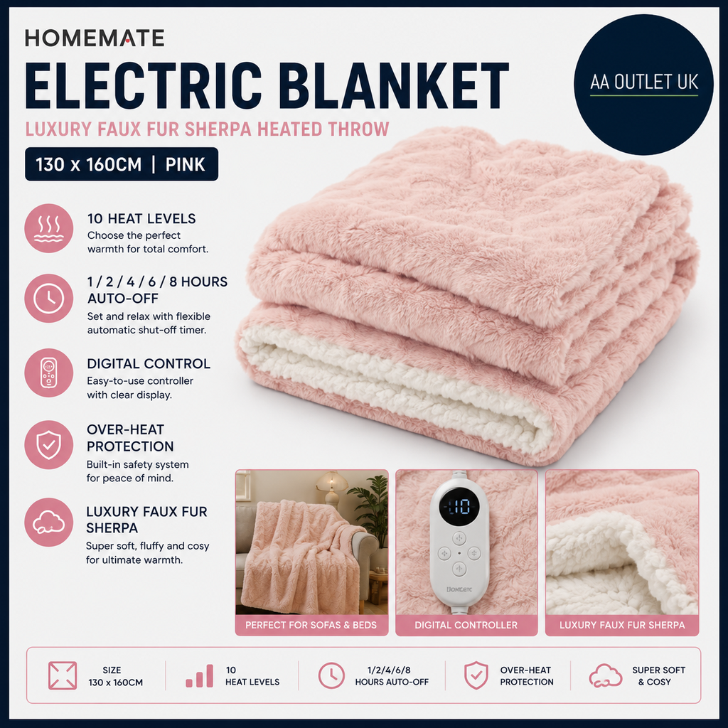 Homemate Electric Blanket 130x160cm Luxury Faux Fur Sherpa Heated Throw Pink