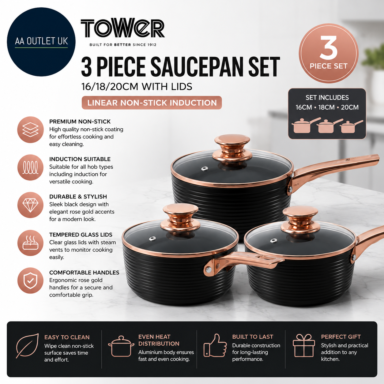 Tower T800001RB Linear Non Stick Induction Saucepans Sets Lids Easy Clean Black