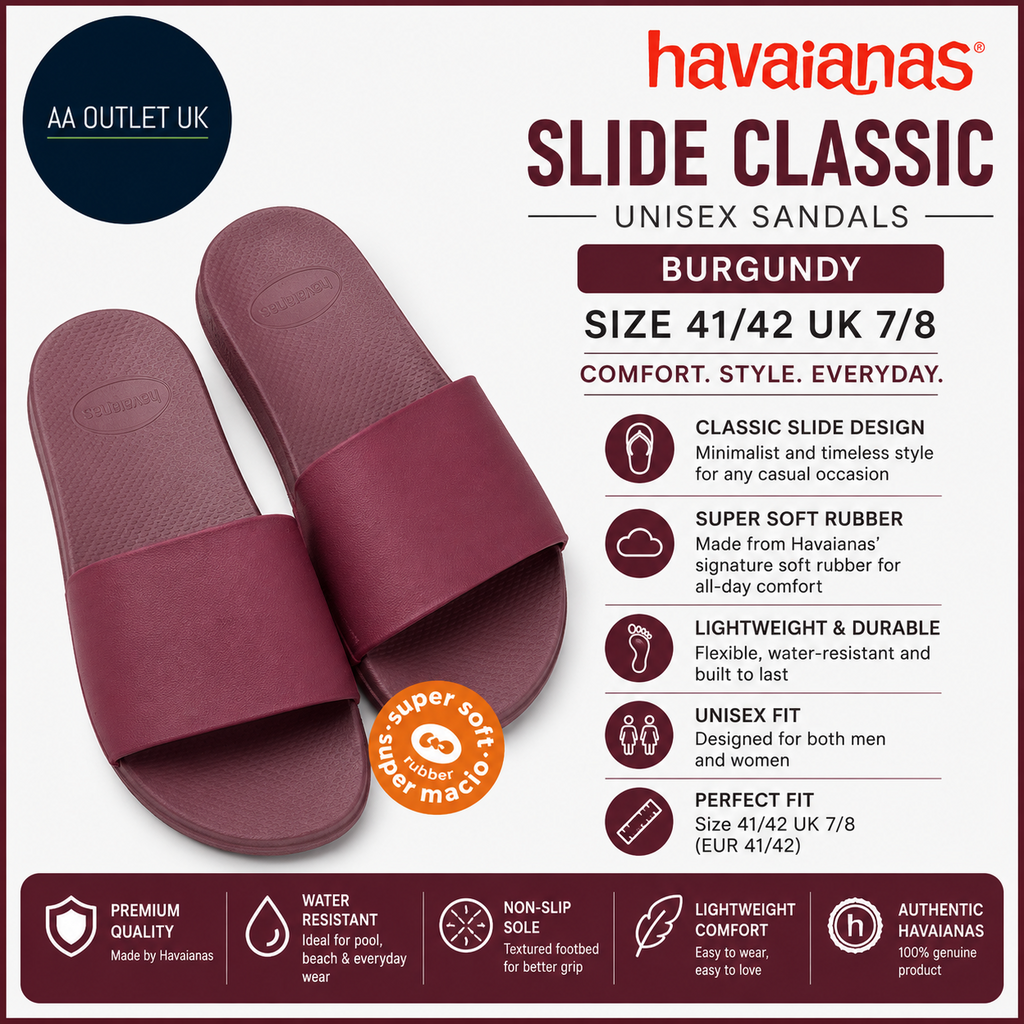 Havaianas Slide Classic Sandals Burgundy Unisex Size 41/42 UK 7/8 Rubber