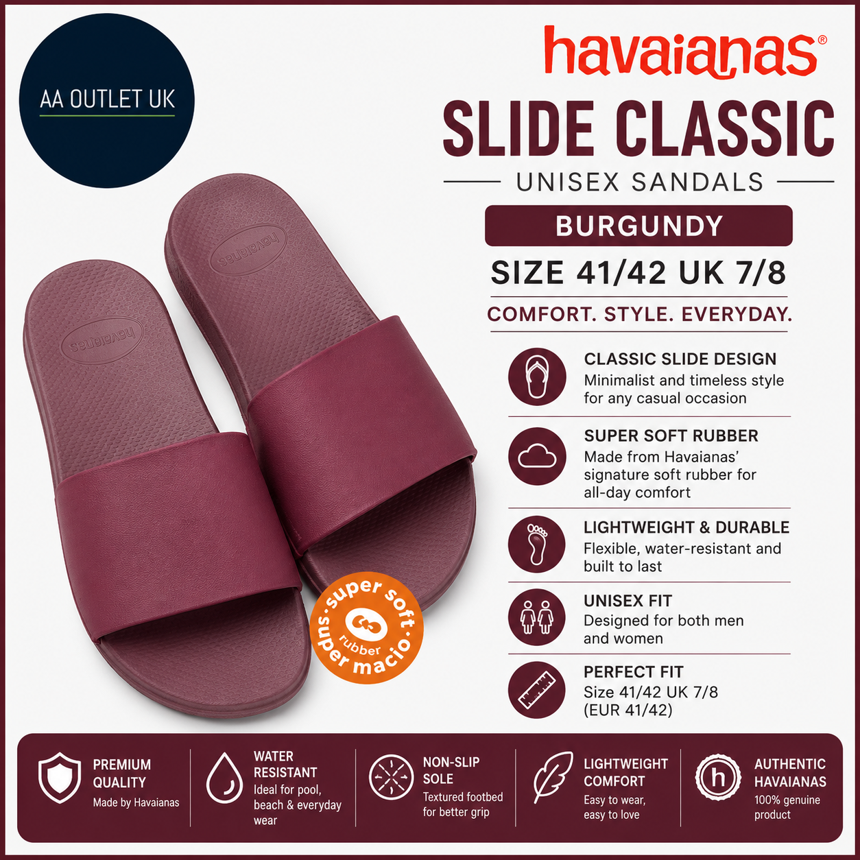 Havaianas Slide Classic Sandals Burgundy Unisex Size 41/42 UK 7/8 Rubber