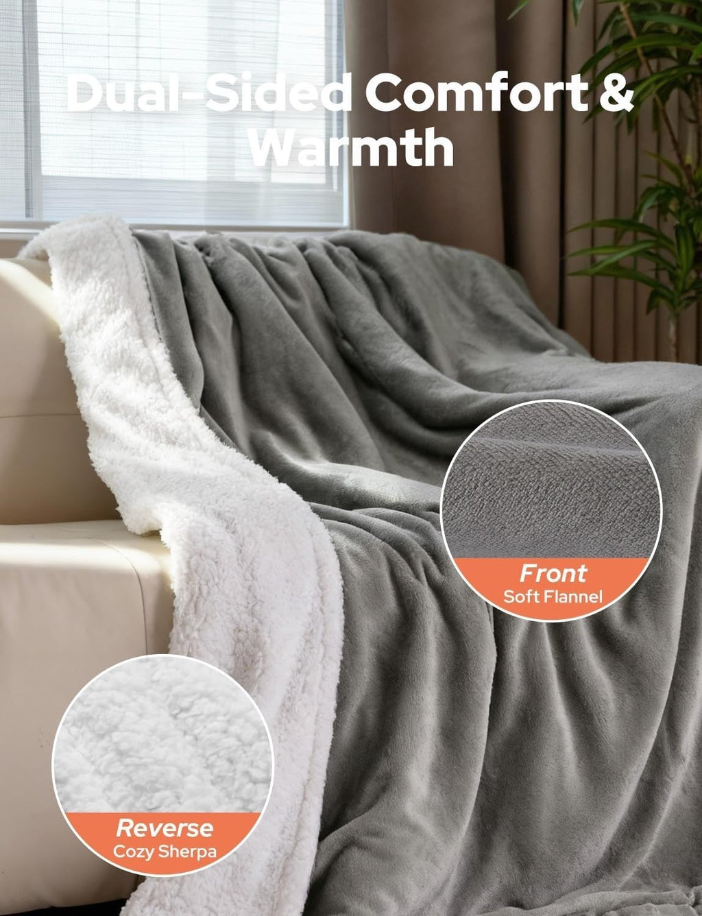 Electric Heated Blanket Throw 180x130cm Dual Sided Flannel & Sherpa Grey