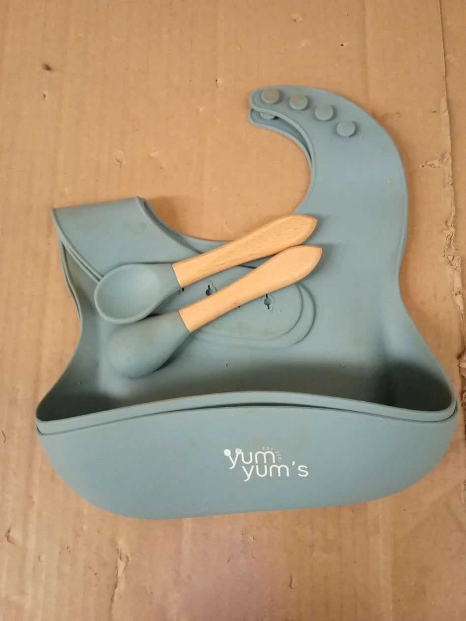 Baby Bamboo Weaning Set Presented Yum Yums Spoon Plate & Bowl Iceberg Blue