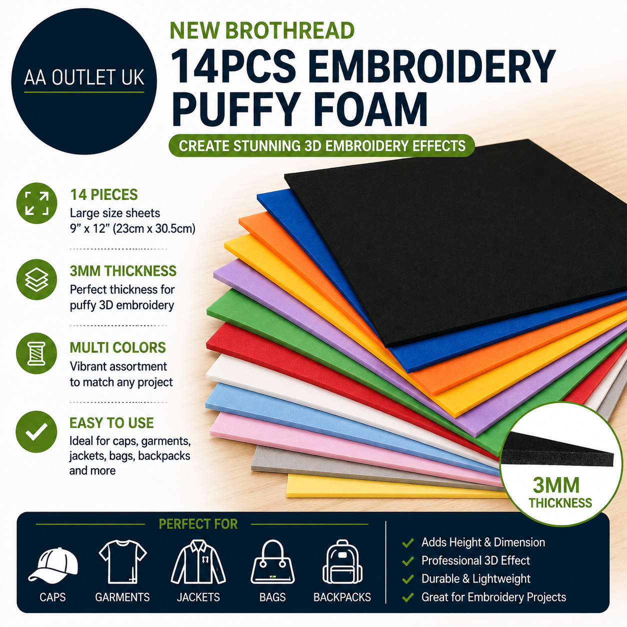 New Brothread 14pcs Embroidery Puffy Foam 23x30.5cm Large Size 3mm Thickness