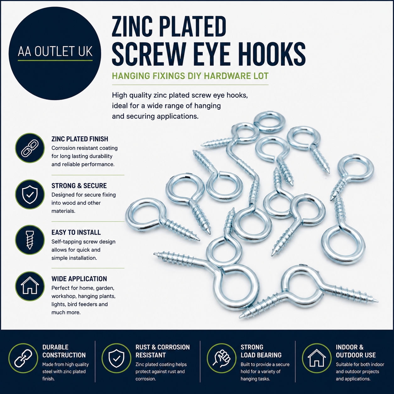 Zinc Plated Screw Eye Hooks Mixed Sizes Hanging Fixings DIY Hardware Lot New