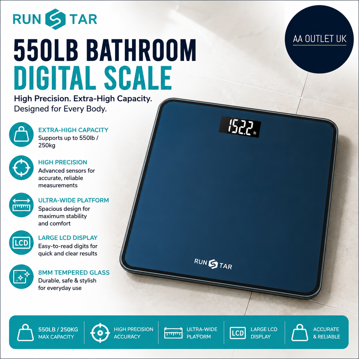 RunSTAR 550lb Bathroom Digital Scale Body Weight Ultra Wide Platform Large