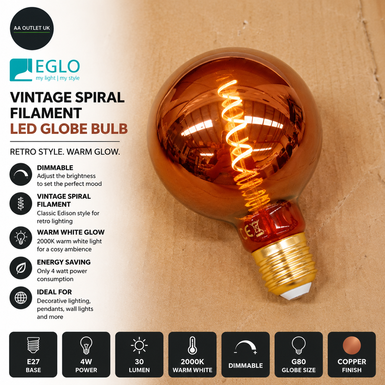 Eglo Dimmable E27 LED Globe Vintage Spiral Filament Light Bulb Edison 4W G80