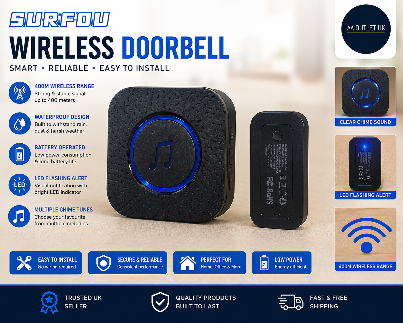 SURFOU Wireless Doorbell Set 400m Range Waterproof Home Receiver LED Flashing 5V