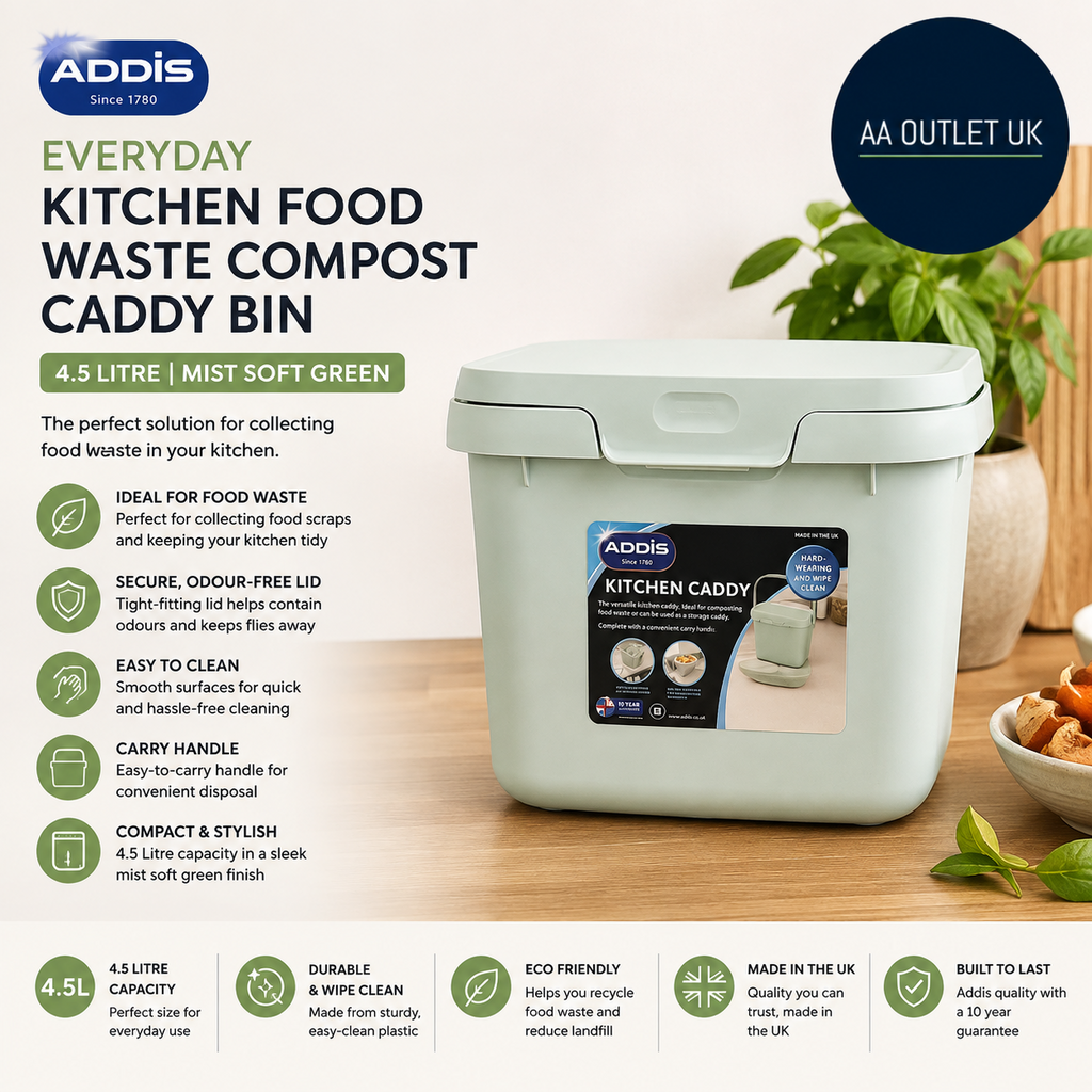 Addis Everyday Kitchen Food Waste Compost Caddy Bin 4.5L Mist Soft Green 518696