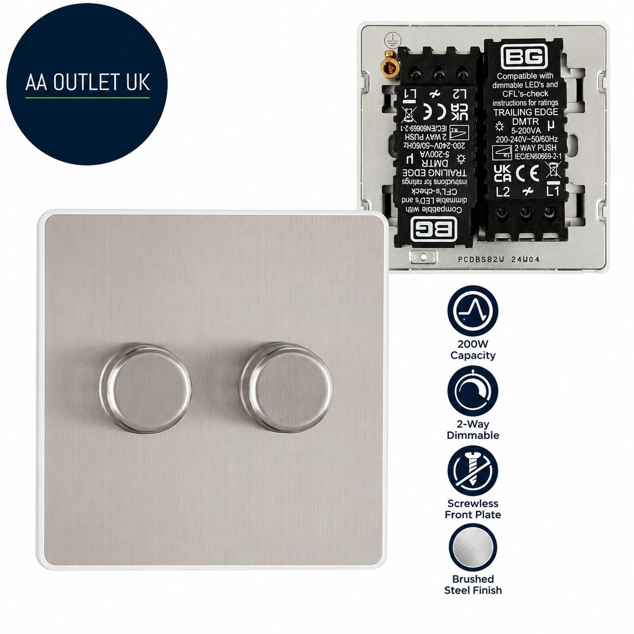 BG Electrical Intelligent Double Wall Dimmer Switch 2 Way Screwless Front Plate