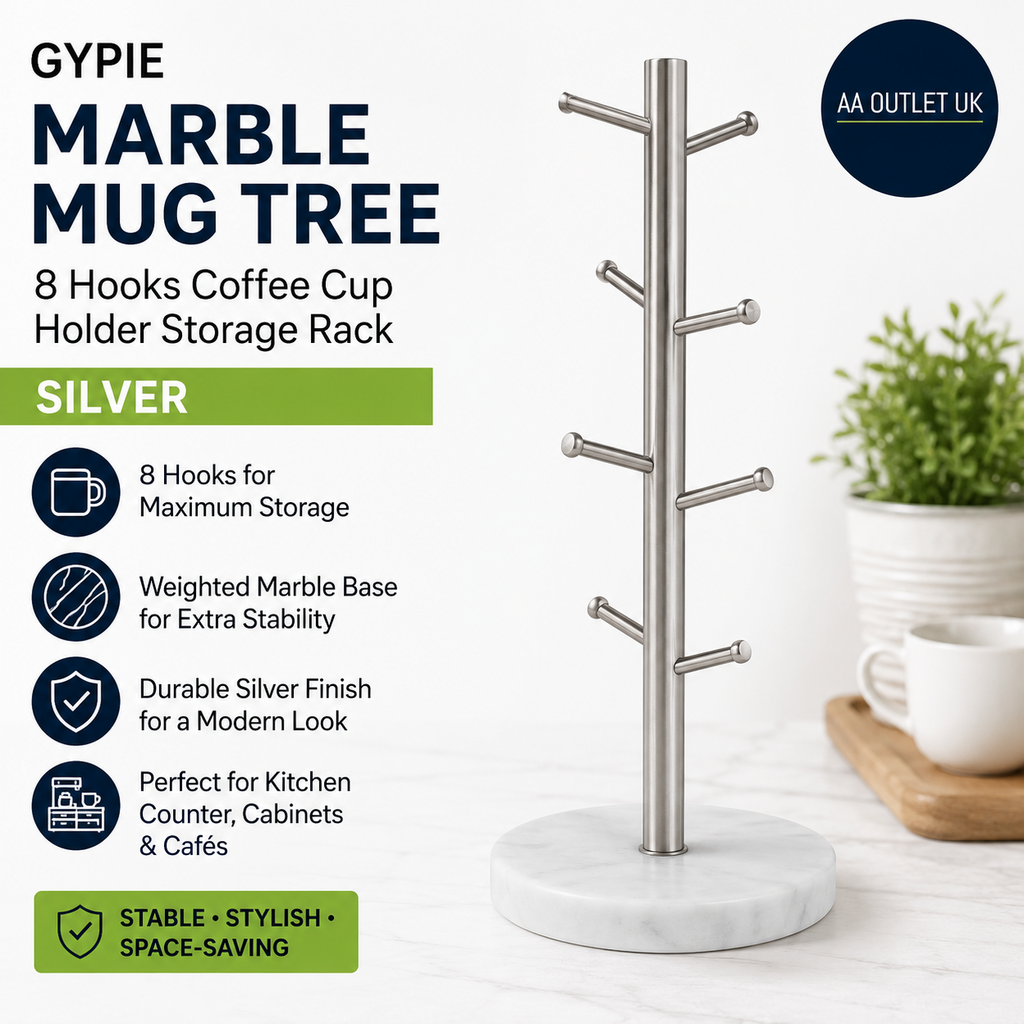 Gypie Marble Mug Tree Stand 8Hooks Coffee Cup Holder Storage Rack Silver