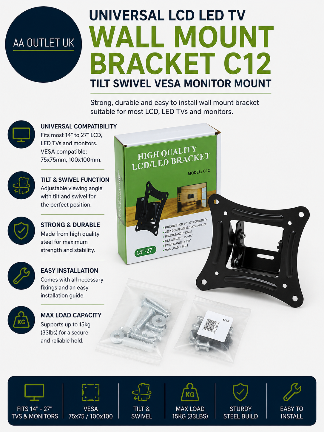 Universal LCD LED TV Wall Mount Bracket C12 Tilt Swivel VESA Monitor Black New