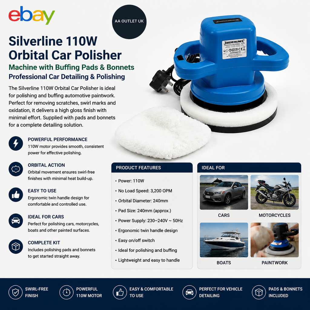 Silverline 110W Orbital Car Polisher Machine Buffing Pads Bonnets Detailing