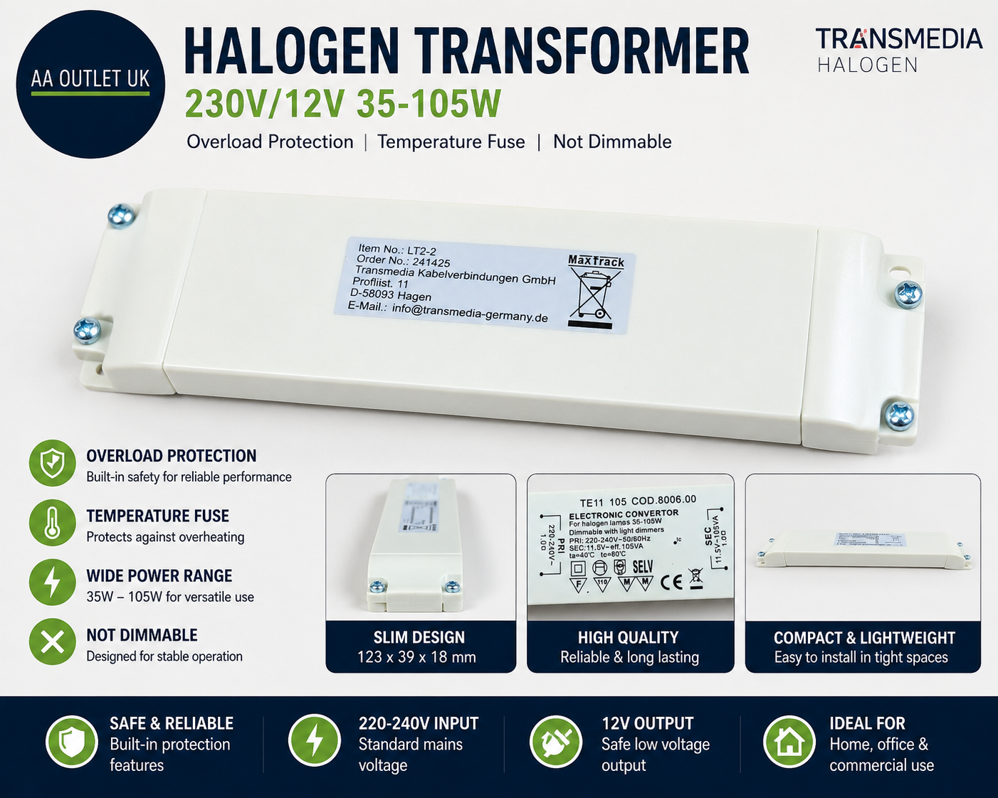 Transmedia Halogen Transformer 230/12V/35-105W Overload Protection Temperature