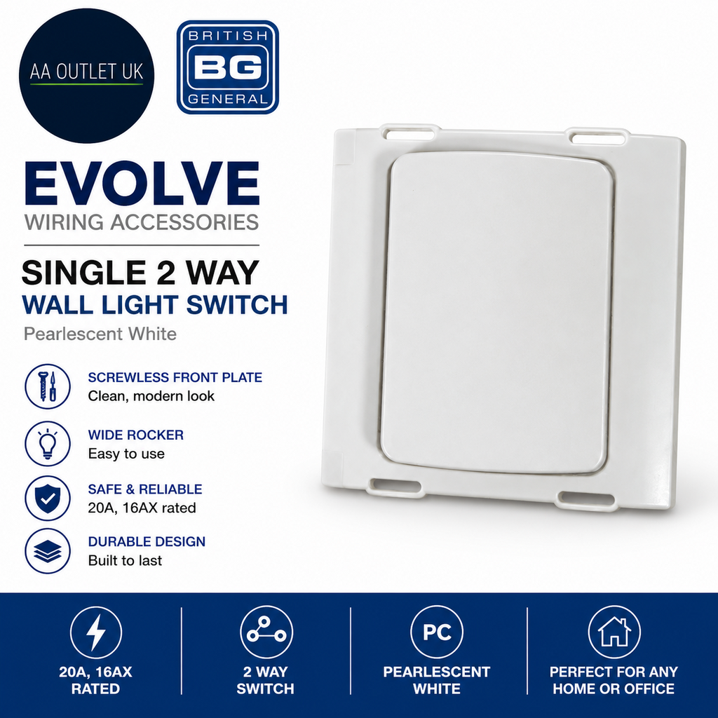BG Electrical Single Wall Light Switch Wide Rocker 2 Way 20A 16AX PCDCL12WW