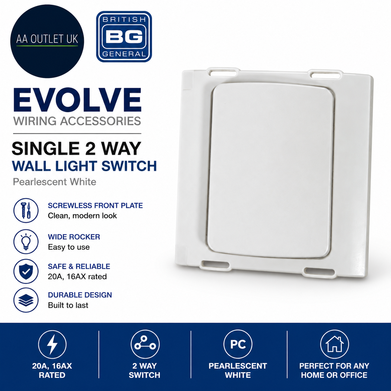 BG Electrical Single Wall Light Switch Wide Rocker 2 Way 20A 16AX PCDCL12WW