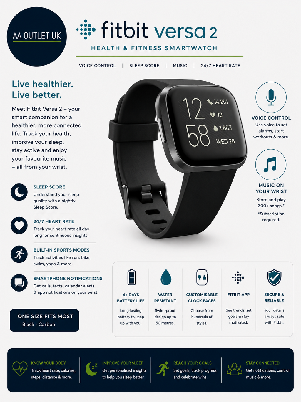 Fitbit Versa 2 Health Fitness Smartwatch Voice Control Sleep Score Music Black