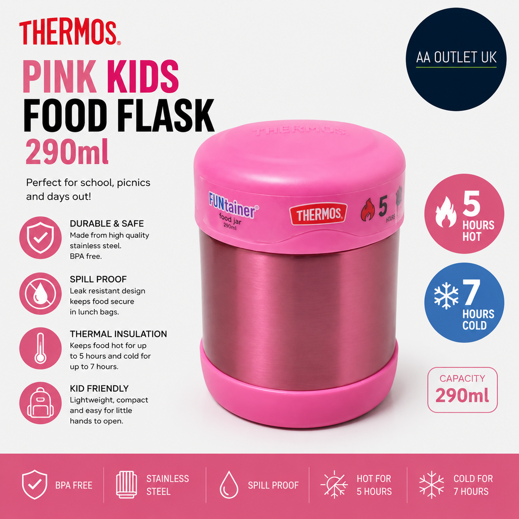 Thermos Pink Kids Food Flask 290ml BPA Free Stainless Steel Spill Proof Thermal