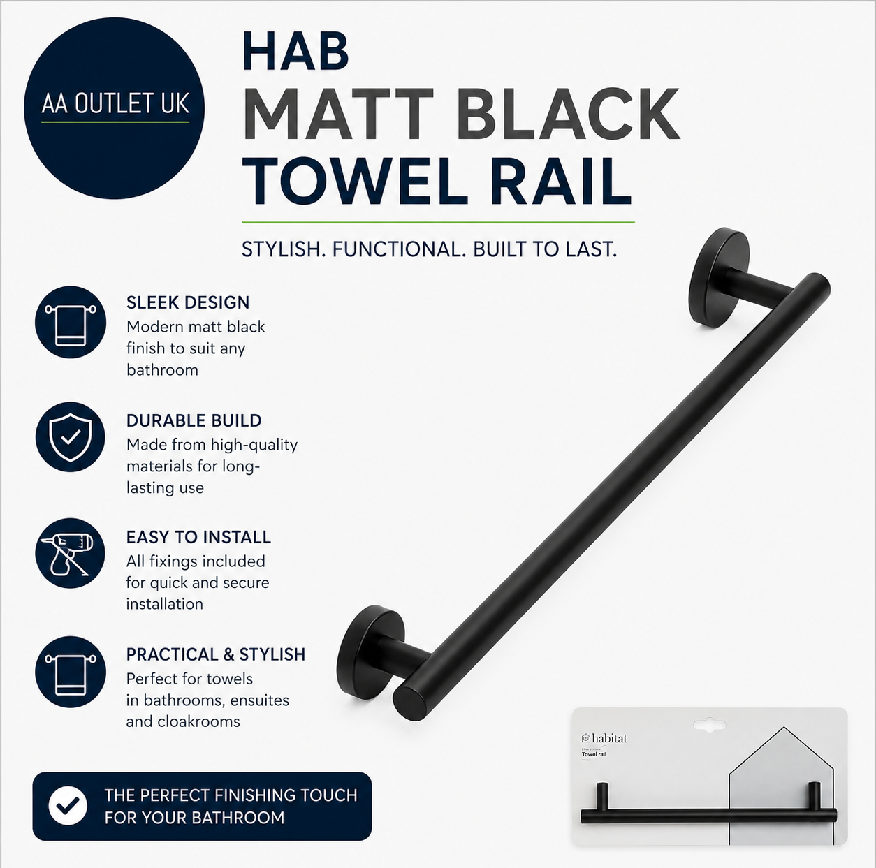 Habitat Wall Mounted Towel Rail 5.3x50x8cm Durable Matt Black
