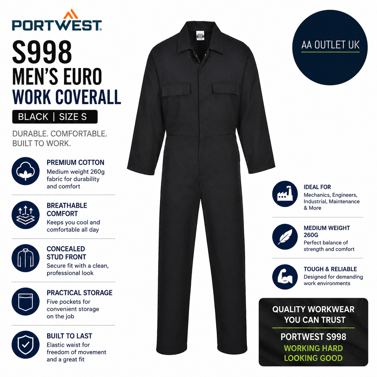 Portwest S998 Mens Euro Work Coverall Cotton Boiler Suit Breathable Small