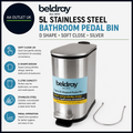 Beldray 5L Stainless Steel Bathroom Pedal Bin Soft Close Silver D Shape Design