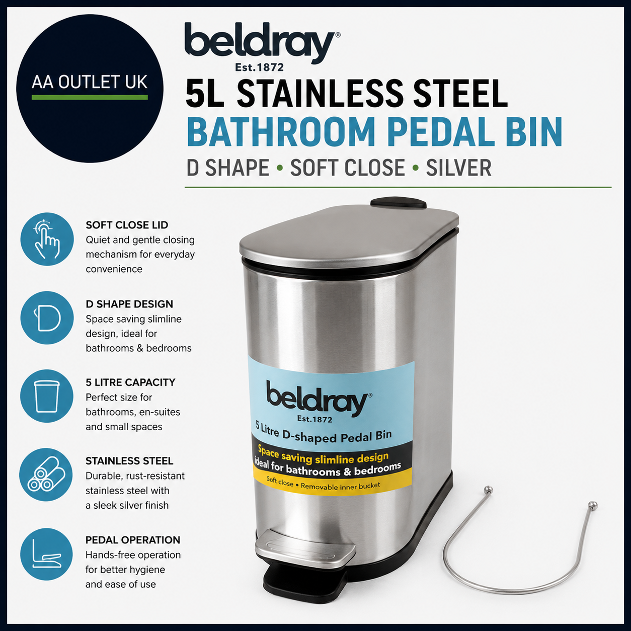 Beldray 5L Stainless Steel Bathroom Pedal Bin Soft Close Silver D Shape Design