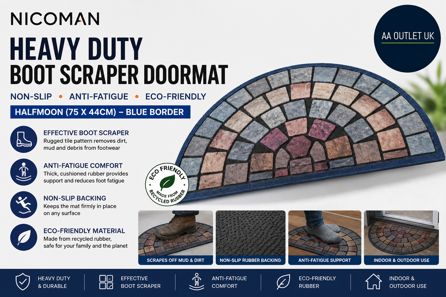 Nicoman Tile Heavy Duty Boot Scraper Doormat Non Slip Anti Fatigue 75x44cm