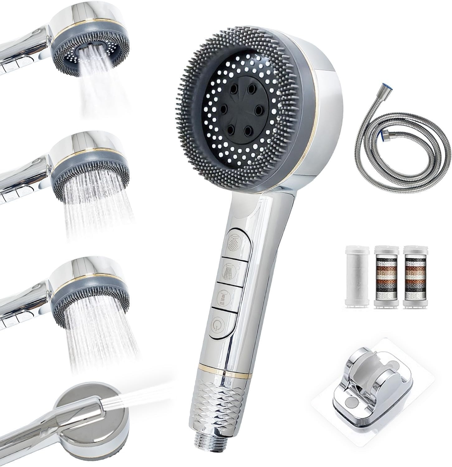 High Pressure Shower Head 4 Spray Modes Filtered 1.5m Hose Holder Silver New
