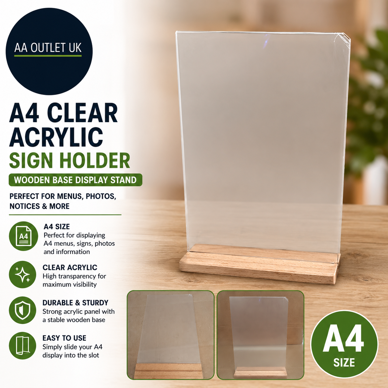 A4 Clear Acrylic Sign Holder Wooden Base Display Stand Menu Photo Frame Design