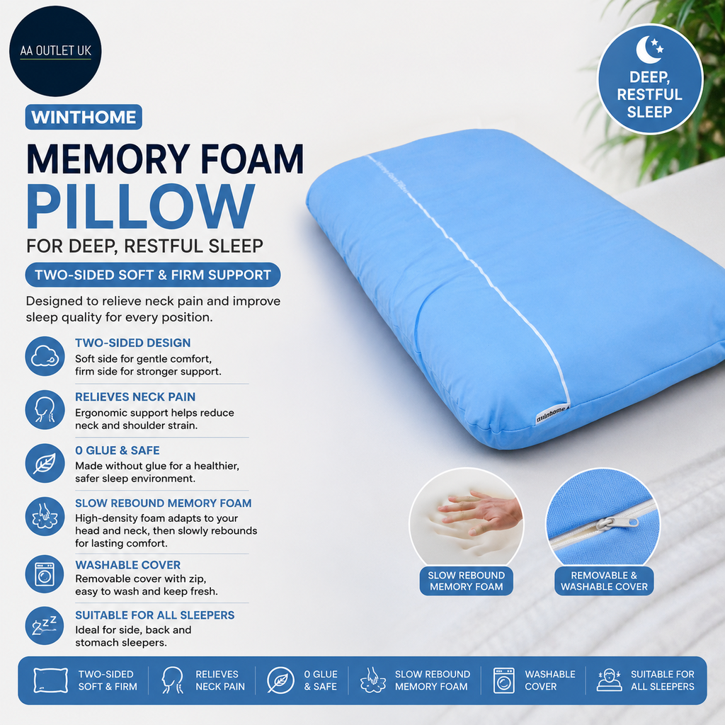 Winthome Memory Foam Pillow Deep Restful Sleep Two Sided Soft Firm Neck Pain