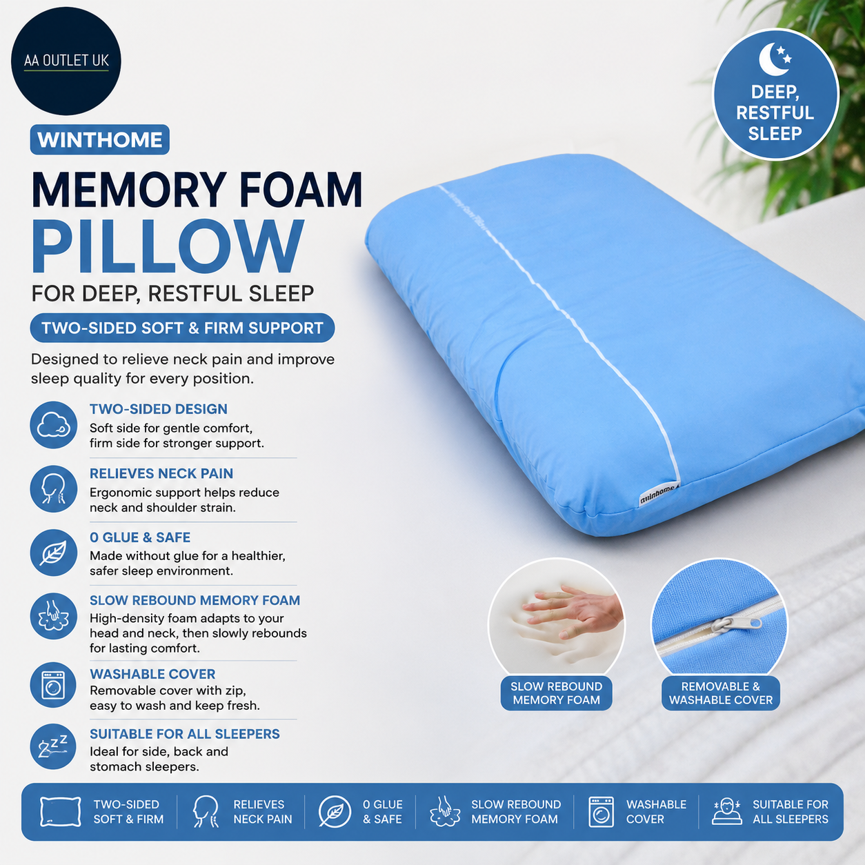Winthome Memory Foam Pillow Deep Restful Sleep Two Sided Soft Firm Neck Pain