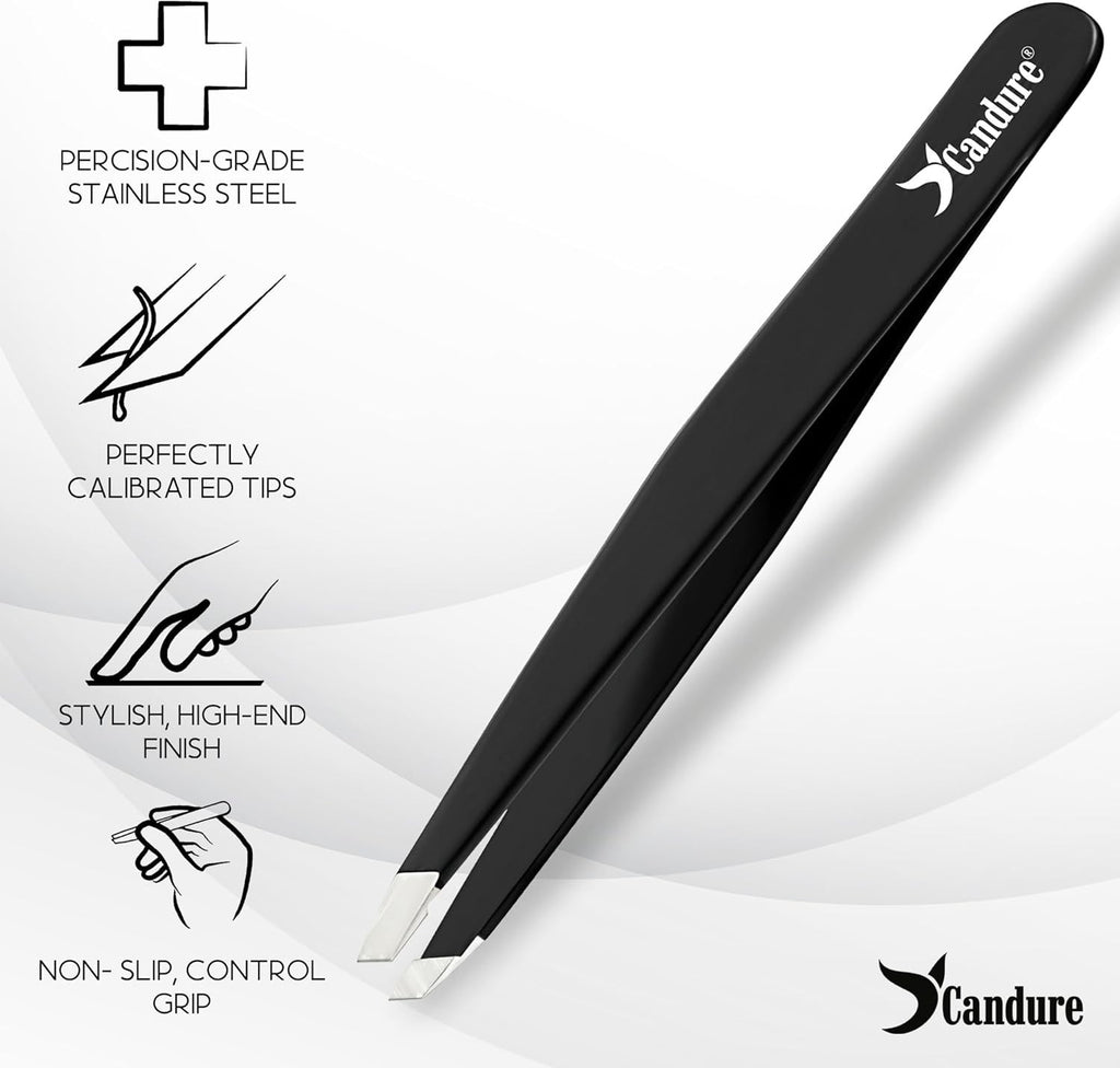 Candure Professional Slanted Tweezers Stainless Steel Black Durable Design New