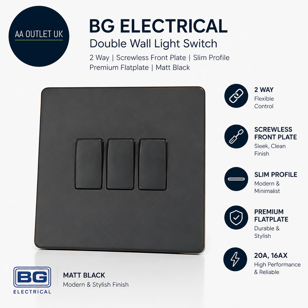 Bg Electrical Double Wall Light Switch 2Way Screwless Front Plate Slim New