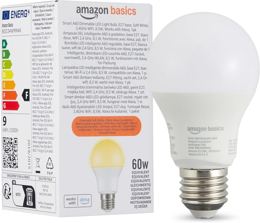 Amazon Basics Smart Dimmable LED Light Bulb E27 Base Soft White 60W Alexa New